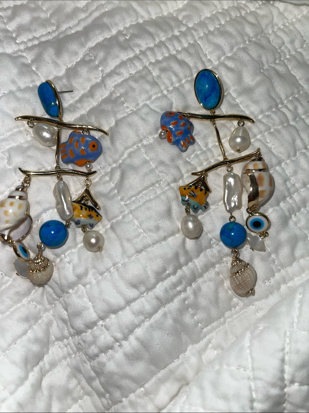 Handcrafted Blue & Gold Beach Charm Drop Earrings